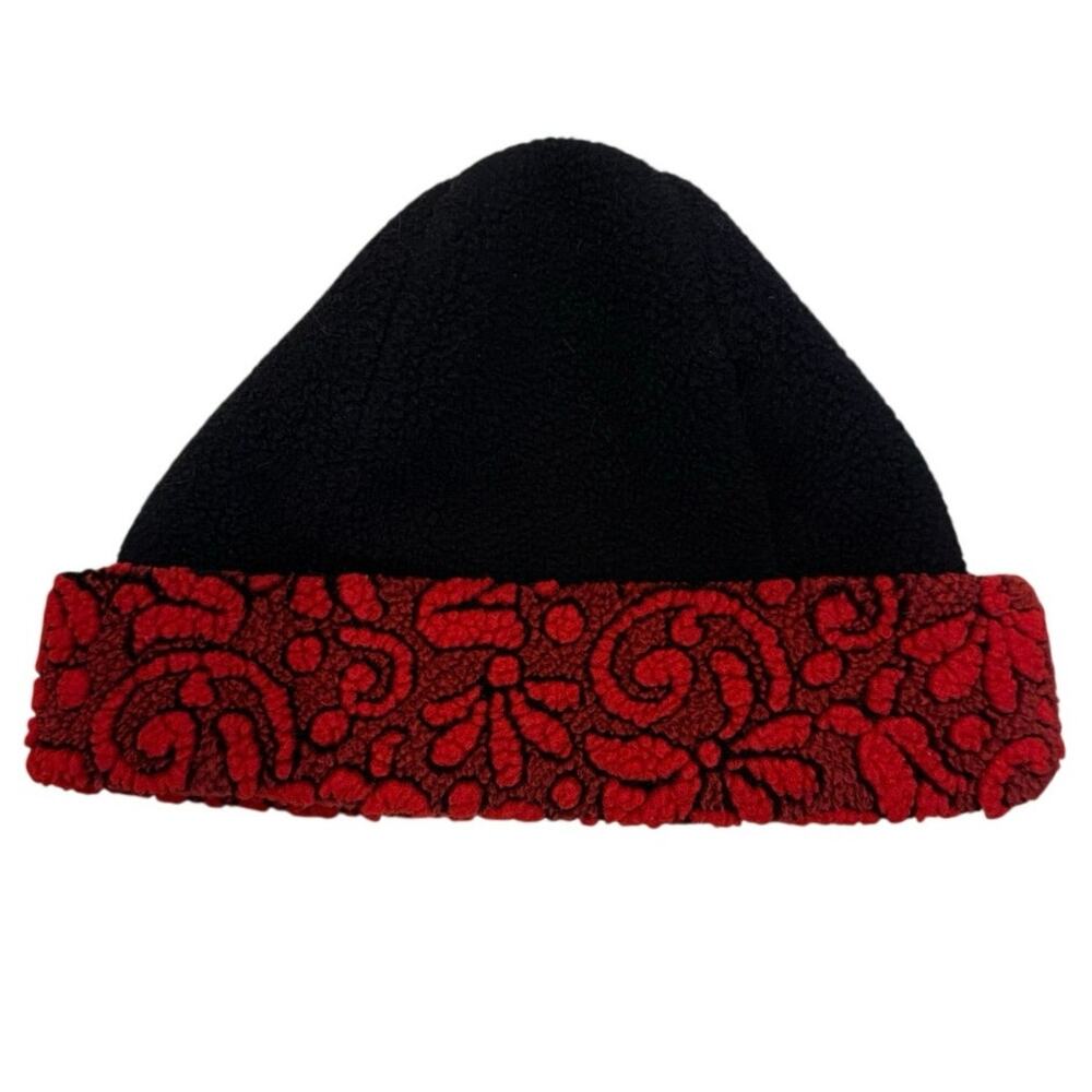 Womans Vintage NeckWorks Black Red Paisley Fleece Beanie OneSize Polyester Blend